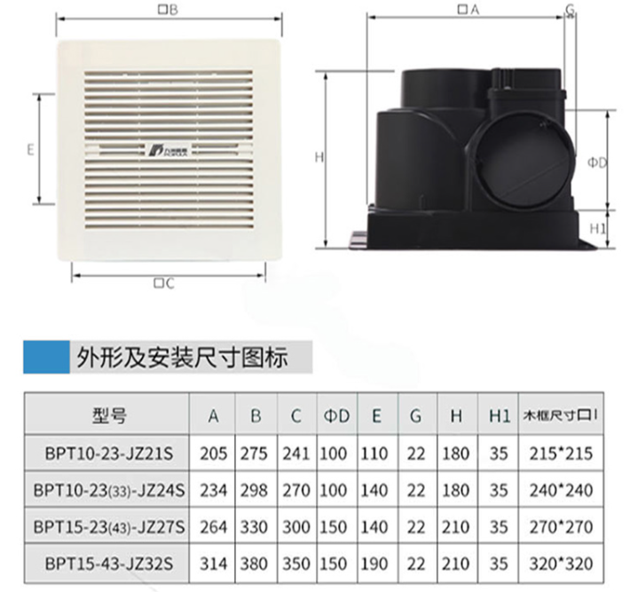 九洲風(fēng)機(jī)換氣扇外形和安裝尺寸