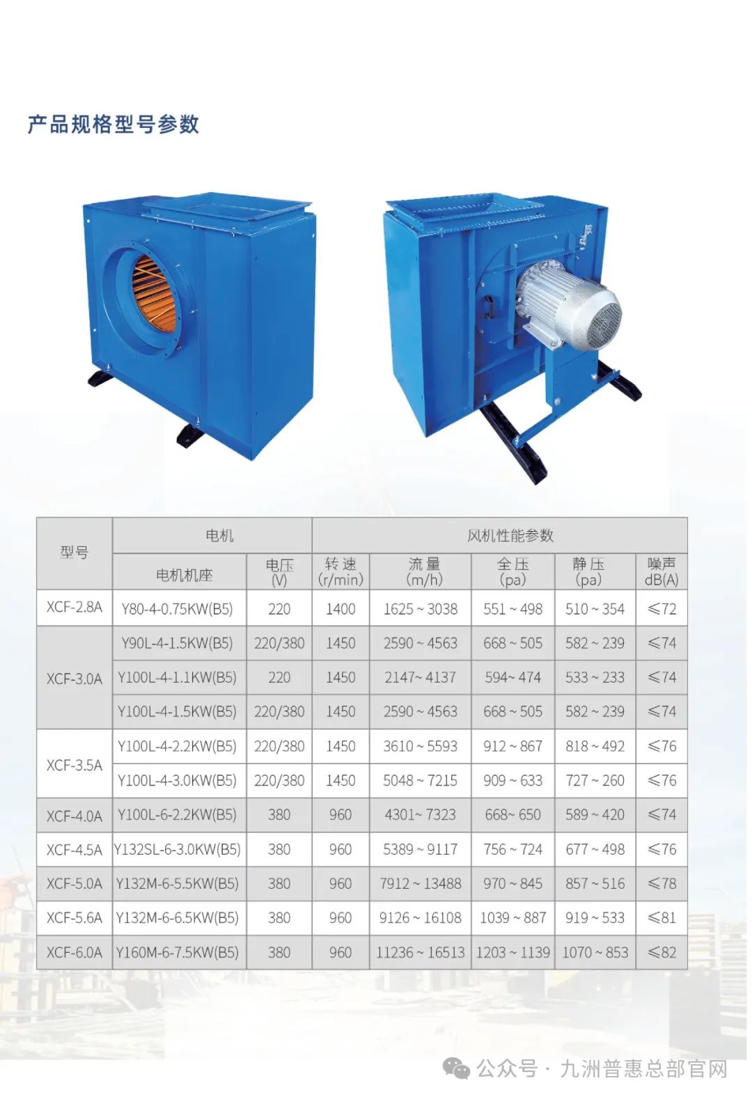 九洲普惠XCF系列(加棉型)多翼式離心通風機型號參數(shù)